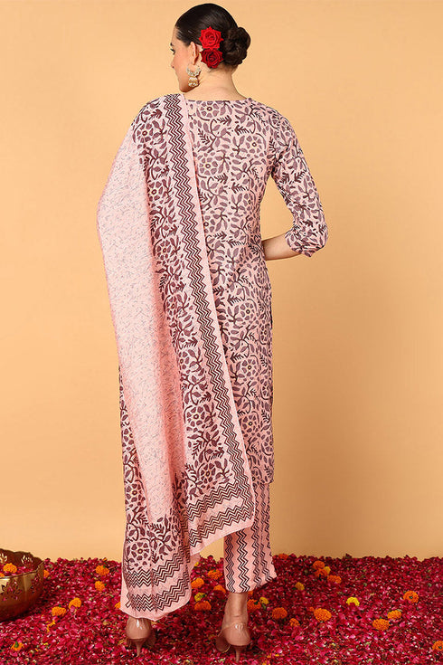Plus Size Pink Silk Blend Floral Printed Straight Style Suit Set